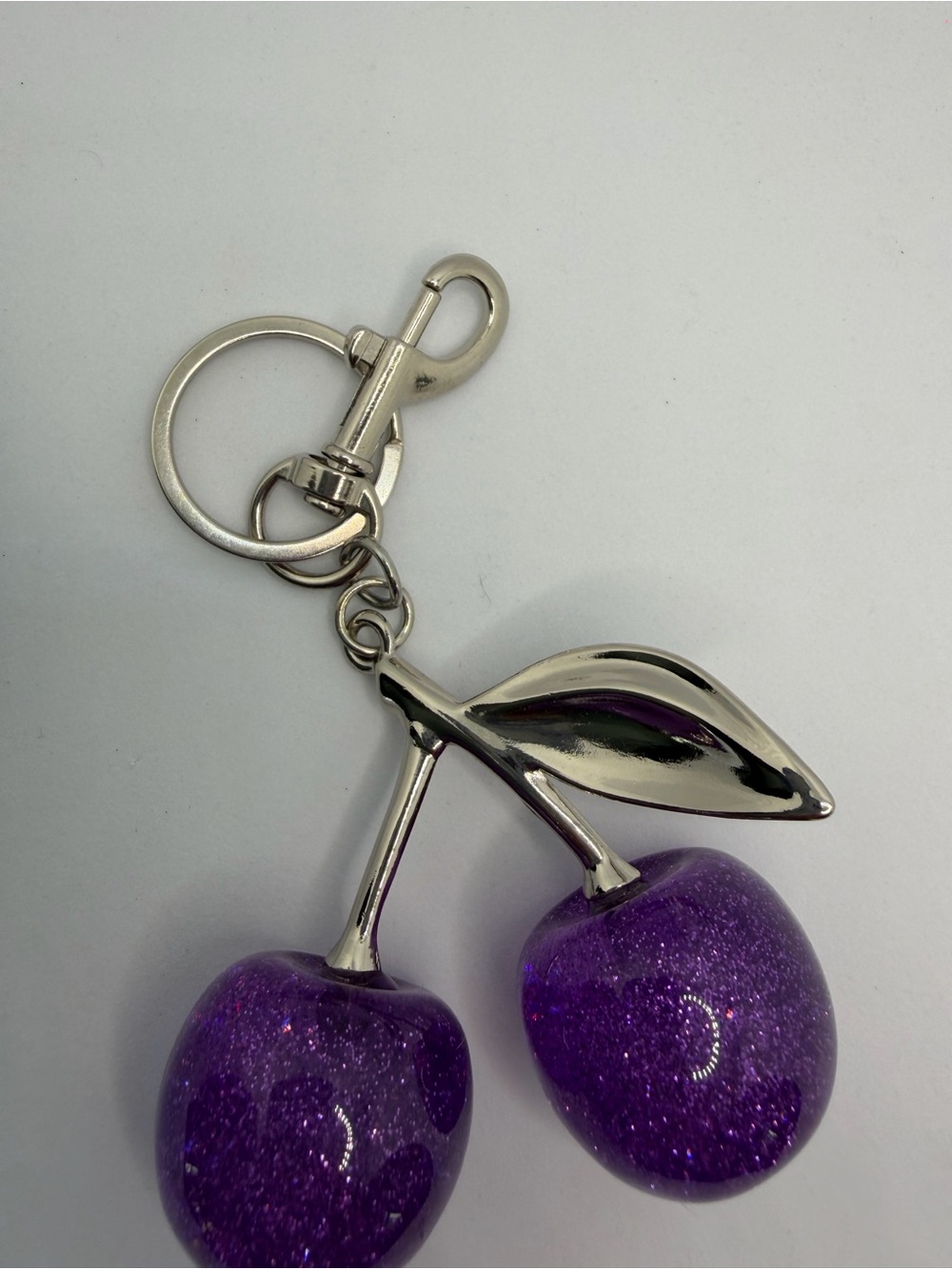 Glitter Purple Cherry Keychain with Silver Stem - Picture 2 of 4